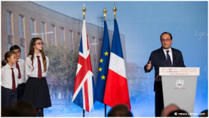 Francois Hollande gives speech at the Lycee Winston Churchill opening